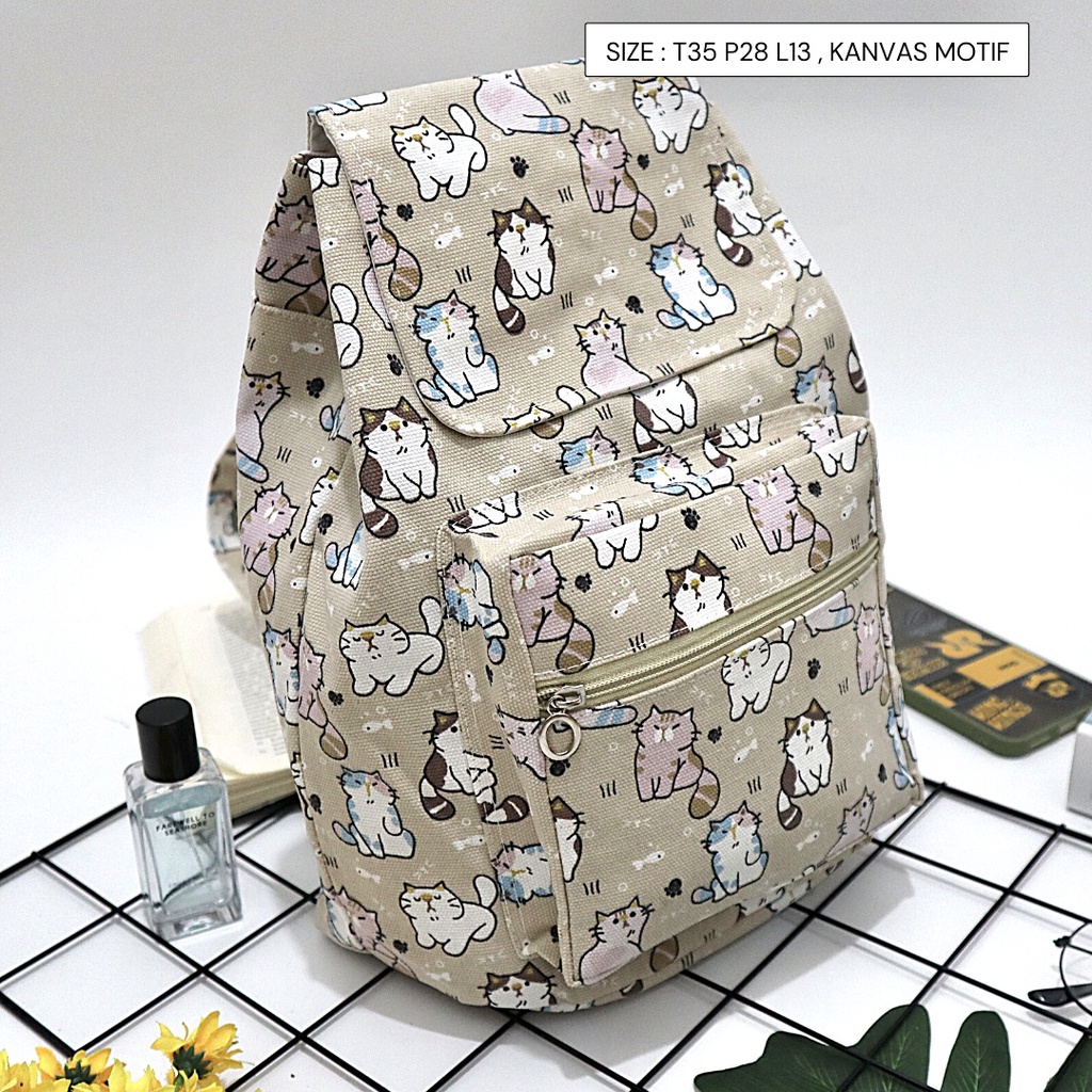 Ransel Kanvas Wanita Travel Multi-fungsional Tali Serut Ransel Siswa Campus Style banyak motif Warna-Motif 119