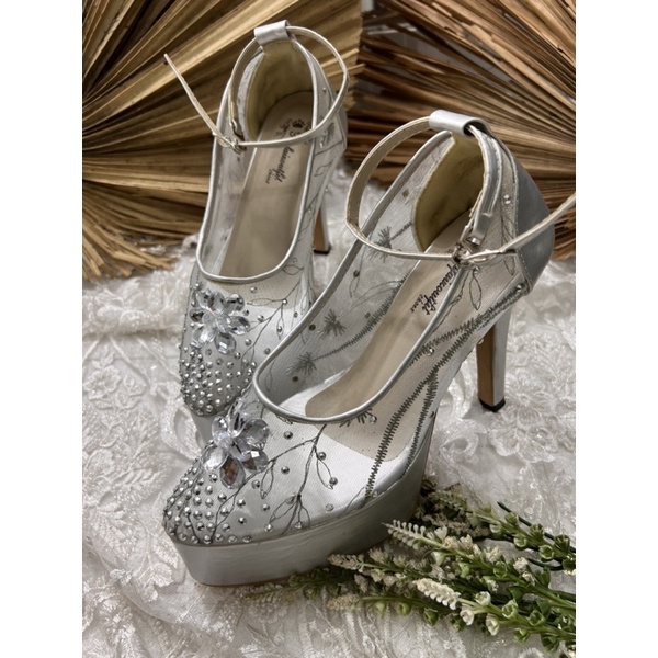 sepatu wanita quinara tali pesta silver 12cm