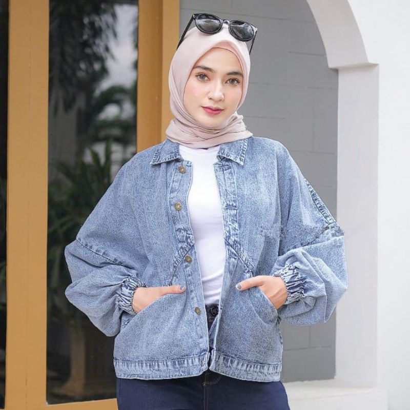#jaket Jeans Wanita Oversize Lengan Balon#