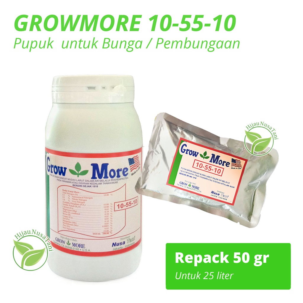 Pupuk GROWMORE 10-55-10 - nutrisi perangsang bunga pemacu buah kemasan repack pabrik Nusa Tani anti 