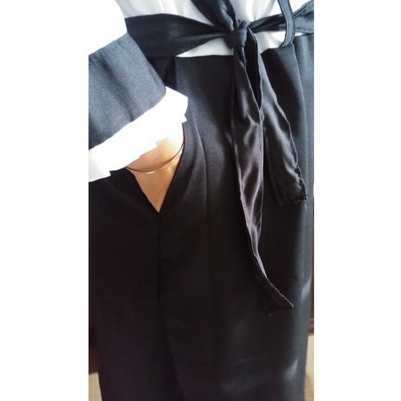 Baju Gamis Putih Hitam Tali Pinggang Seragam Kerja Kantor Dress Pns Af
