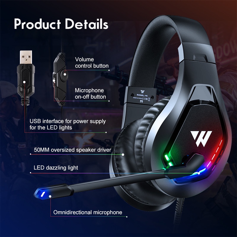 Sicibel M6 Headset Gaming Over Ear Noise Canceling Dengan Mic + Lampu LED Untuk PC / PS5 / PS4 / Xbox One / Laptop