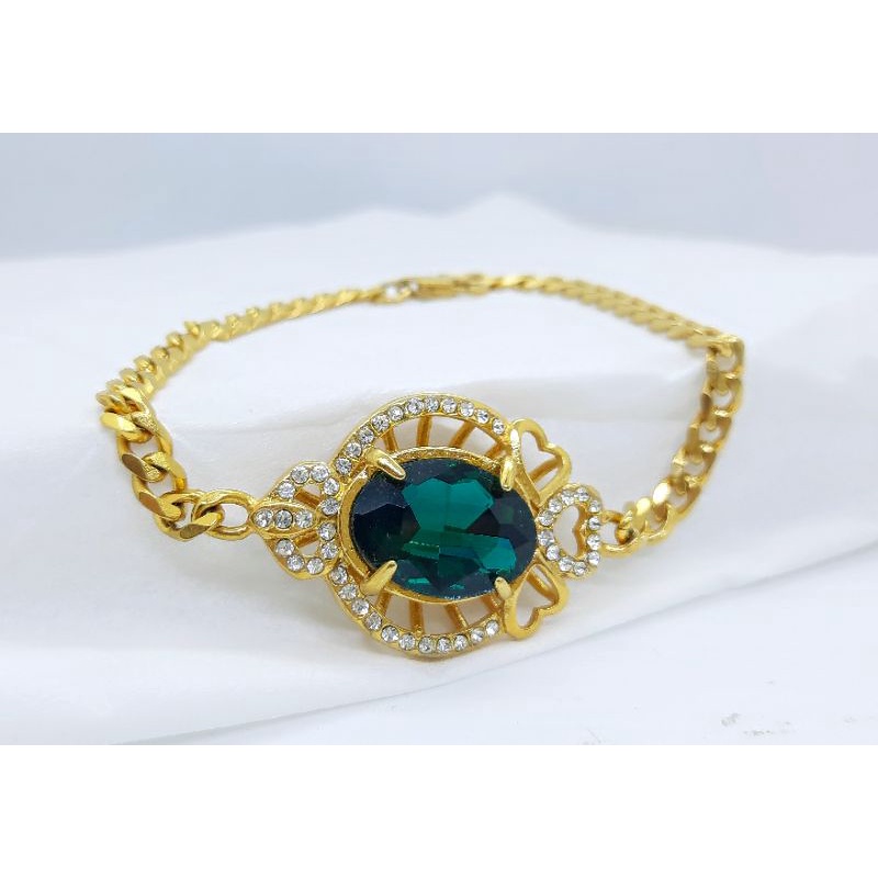 gelang tangan titanium jumbo emas mata hijau anti karat