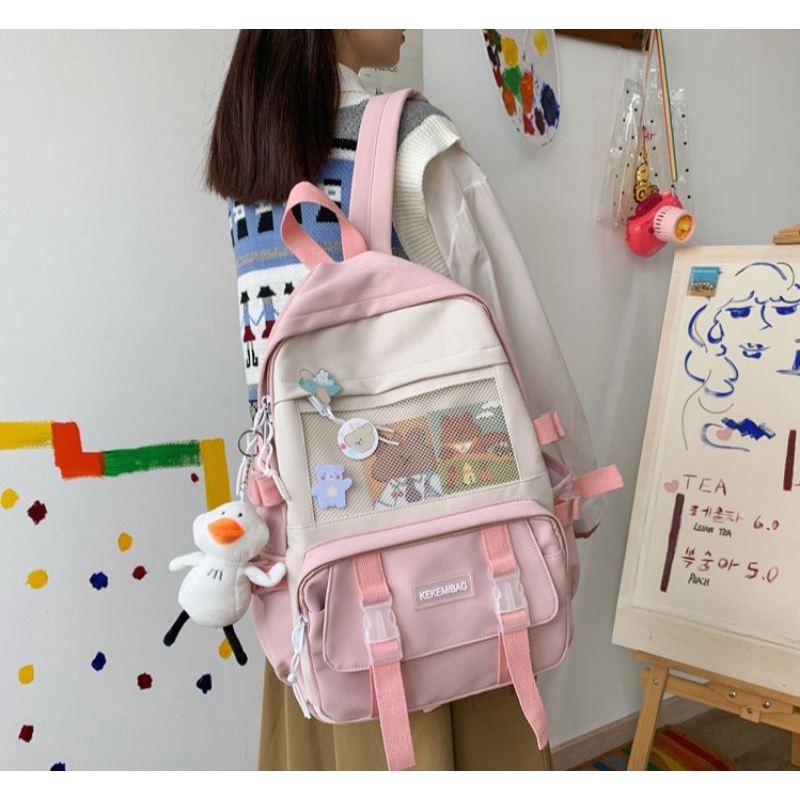 HOT SALE 35 TAS KOREA IMPORT ASLI BAHAN WATERPROOF FREE PIN ACRYLIC STIKER ANIMASI DAN GANTUNGAN BONEKA BEBEK/TAS IMPORT ANTI AIR/TAS SEKOLAH MODEL KOREA/TAS SD/TAS SMP/TAS SMA/TAS KULIAH/TAS REMAJA/TAS WANITA/TAS SEKOLAH MODEL KOREA WATERPROOF/TAS RANSEL