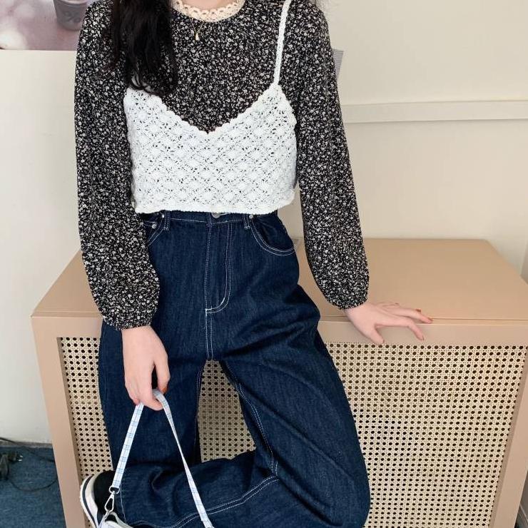 Terlaris Blouse Mina Inner Wanita Lengan Panjang Bunga Leher Bulat Korean Style