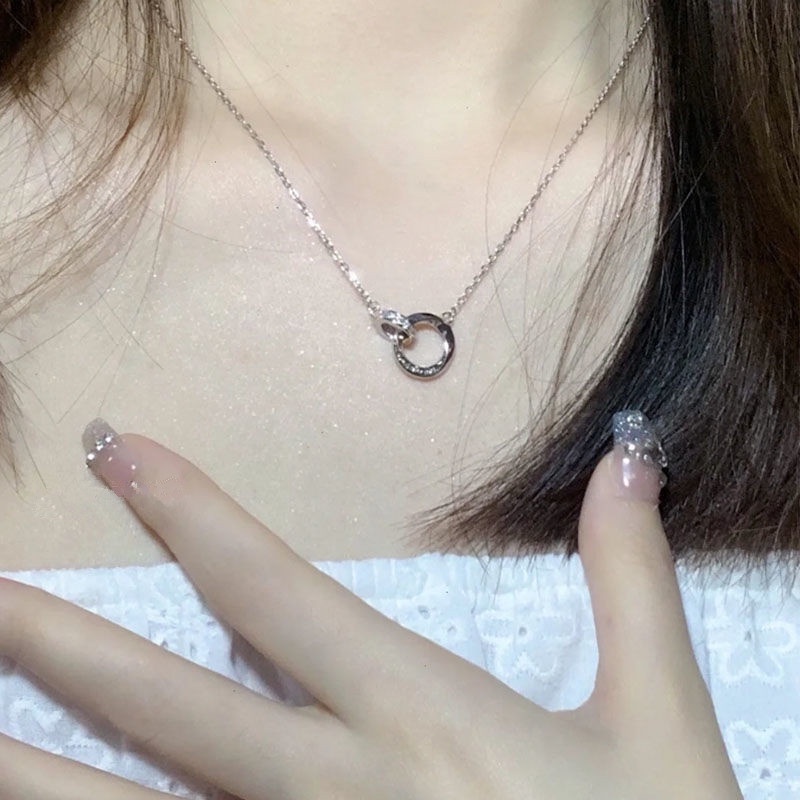 Roselife Kalung Rantai Liontin Cincin Ganda Aksen Zircon Warna Silver Untuk Perhiasan Wanita