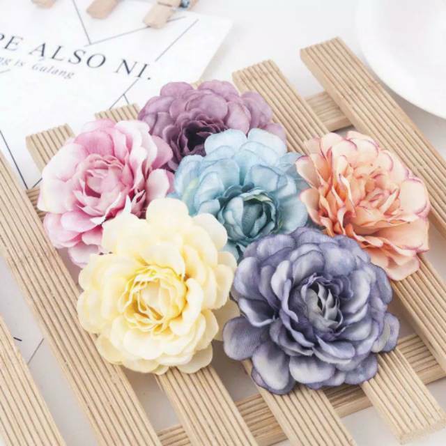 Kepala Bunga - Peony Mekar 5 cm Artificial Flower Rose Peoni Mekar Kuntum Mini Kecil Kain Kelopak Hy