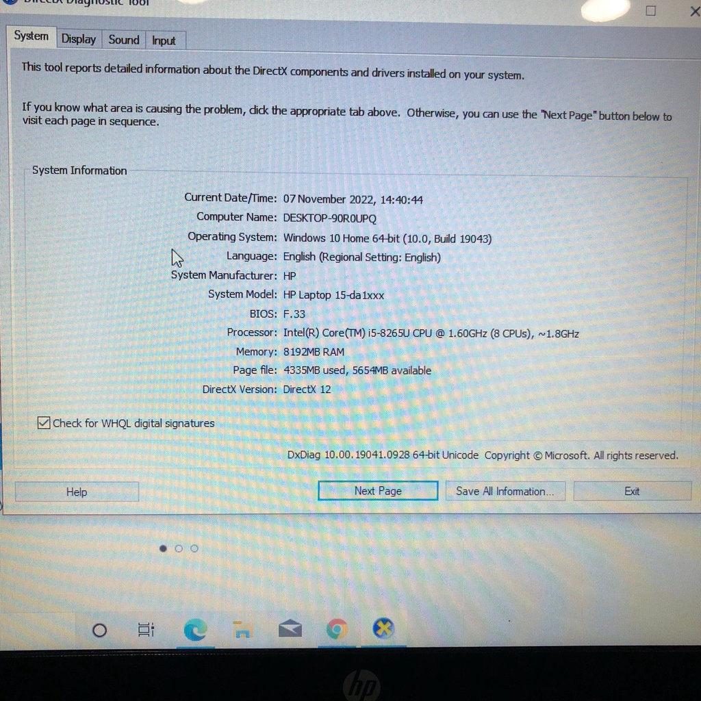 LAPTOP HP 15-DA1051TU RAM 8 GB SSD 128GB Prosesor Intel Core i5-8265U / CPu @ 1.6GHzOS Windows 10