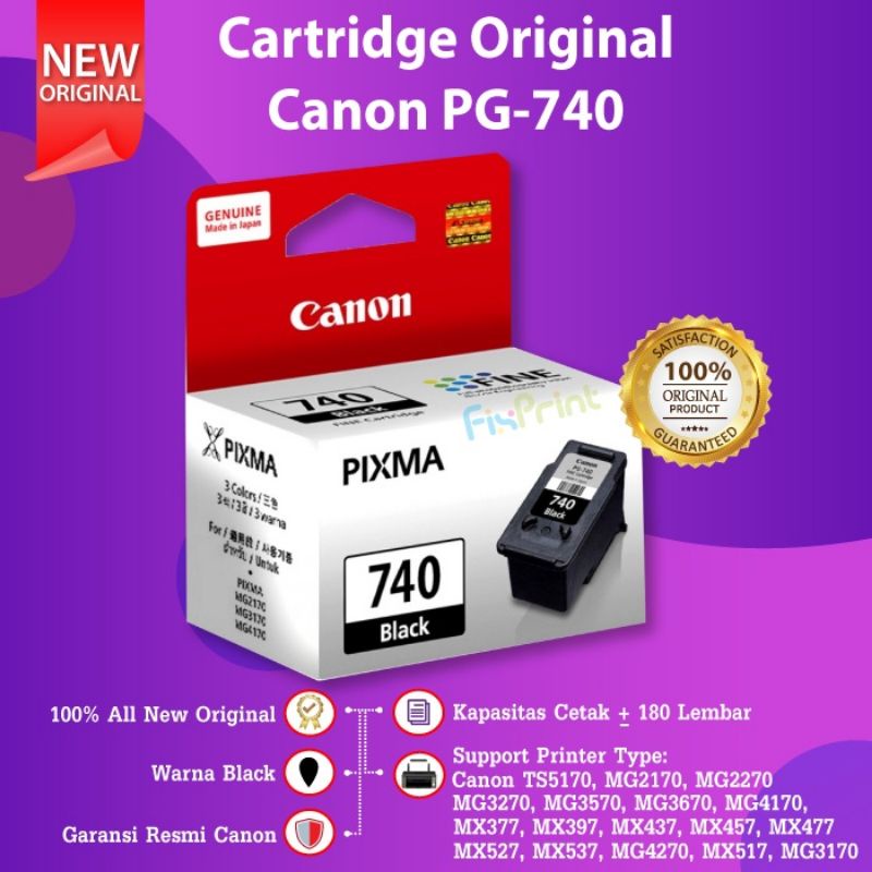 Canon PG740 Cartridge Tinta PG-740 Black Printer TS5170, MG2170, MG2270, MG3170, MG3270, MG3570, MG3670, MG4170, MG4270, MX377, MX397, MX437, MX457, MX477, MX517, MX527, MX537