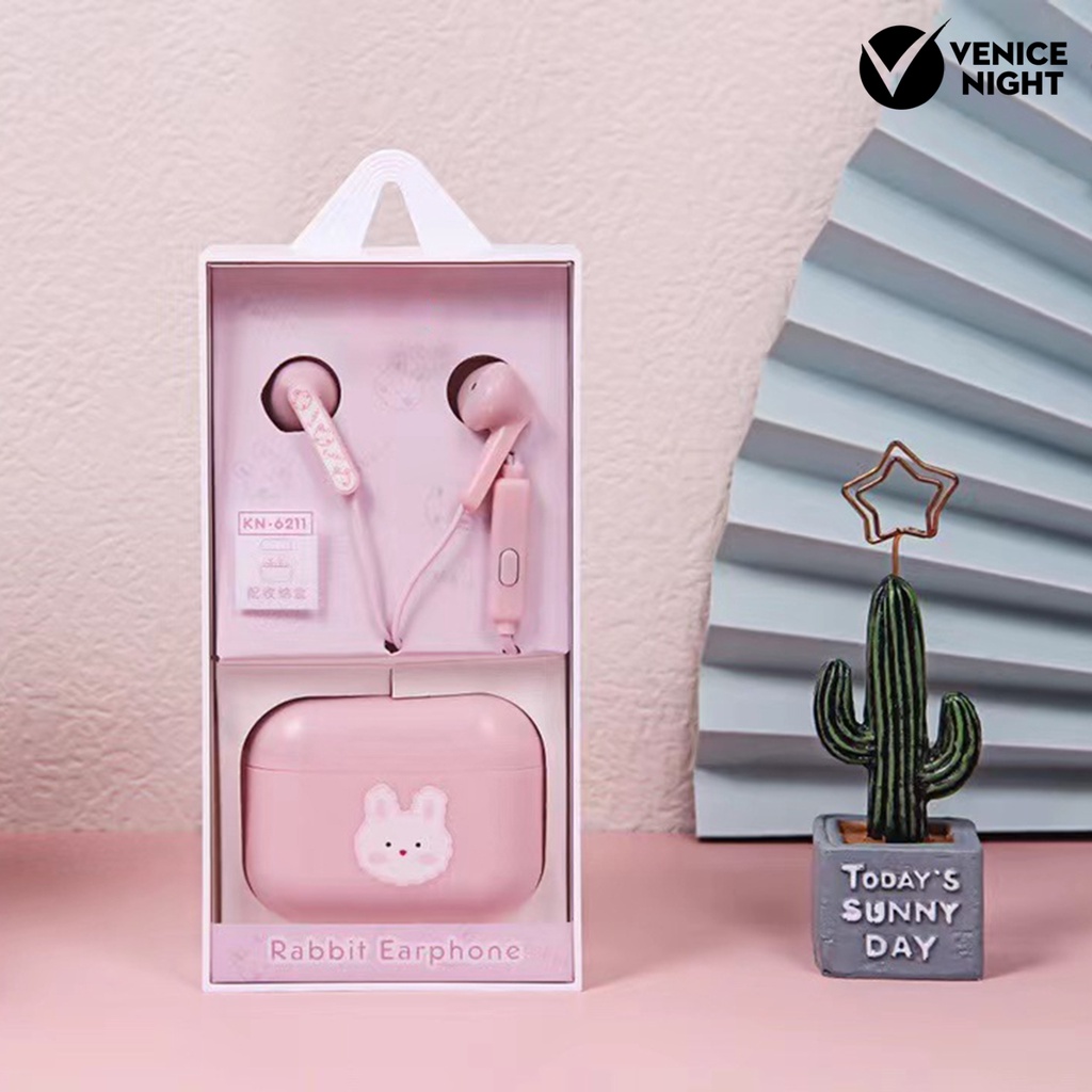 (VNEP) (Berkabel) Earbud High Fidelity Sensitif Univeral Kartun Lucu 3.5mm In-ear Earbud dengan Tempat Penyimpanan untuk Merekam Lagu