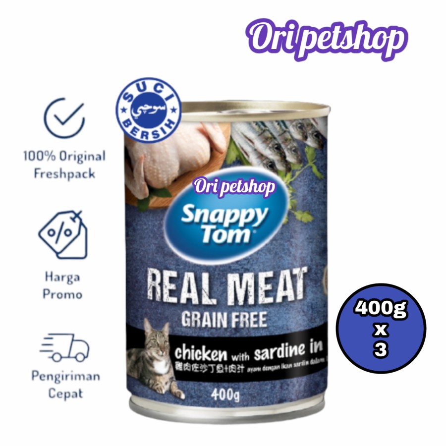 ( 3x ) Snappy Tom Kaleng Chicken Sardine Gravy Makanan Kucing Wet 400g