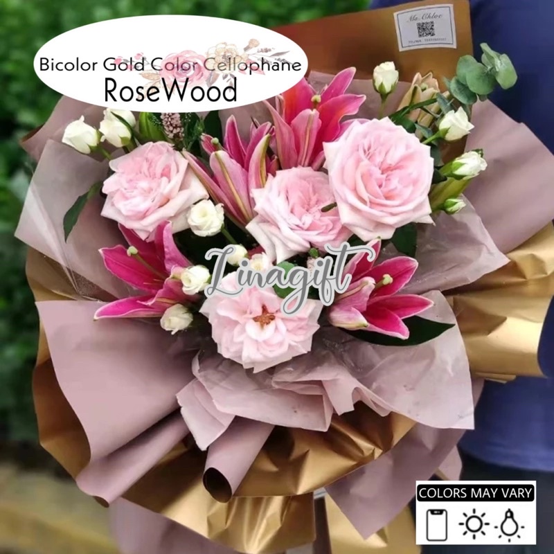 ( 5 Lembar ) BICOLOR GOLD COLOR - FLOWER WRAPPING PAPER BI COLOR EMAS GOLD BORDER LIST KOREAN CELLOPHANE PLASTIC/ KERTAS BUNGA FLORIST
