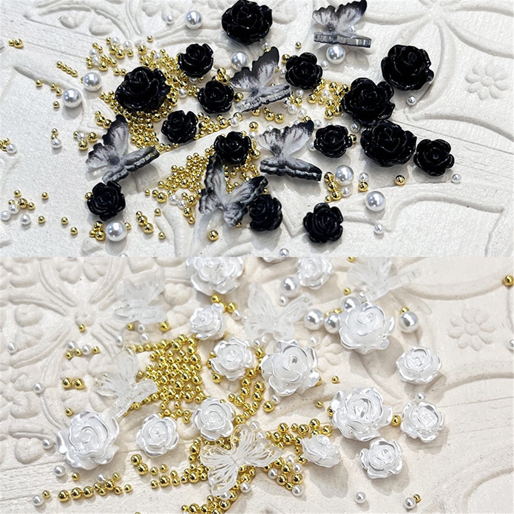 Ins Set Hiasan Bunga Camellia + Mutiara Imitasi Warna Hitam / Putih Untuk Dekorasi Nail Art DIY