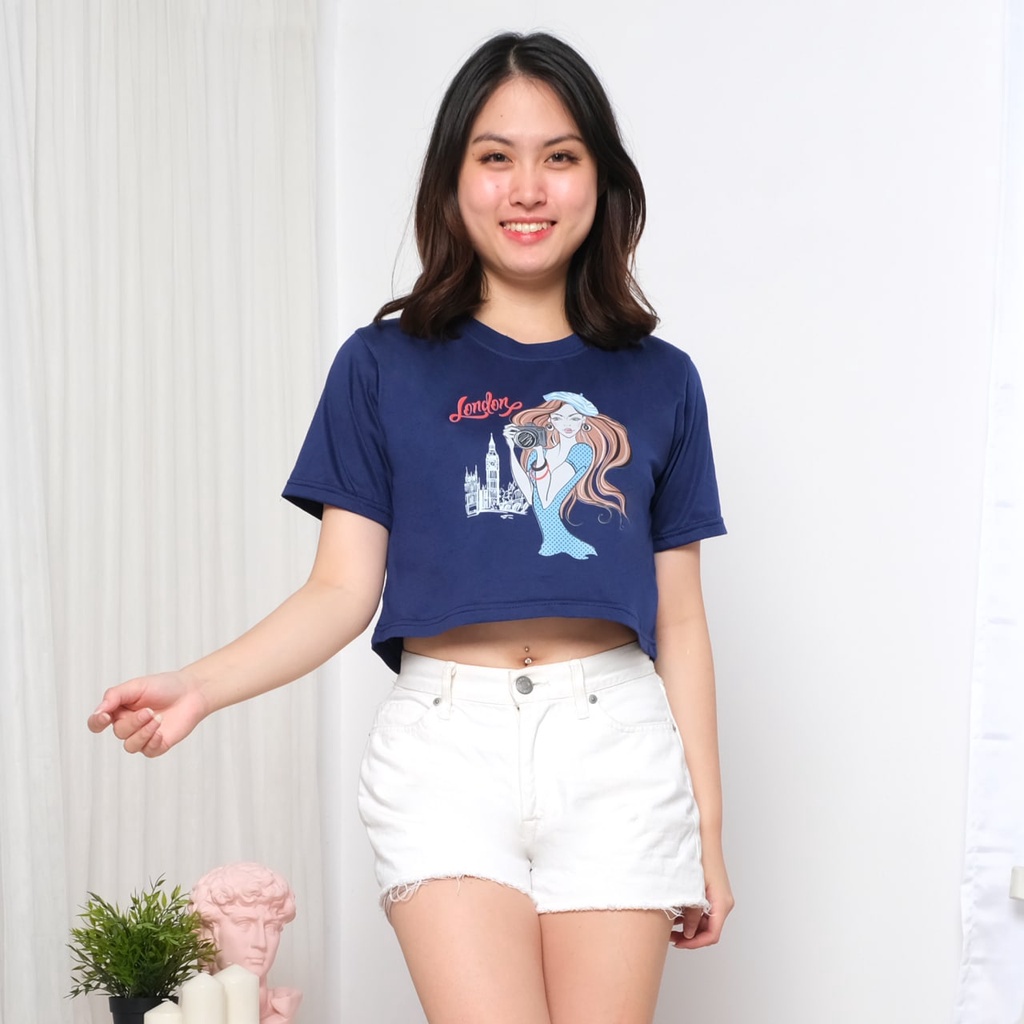 New official - Atasan Wanita Oversize Korean Basic Crop Top London T-Shirt Lengan Pendek Katun