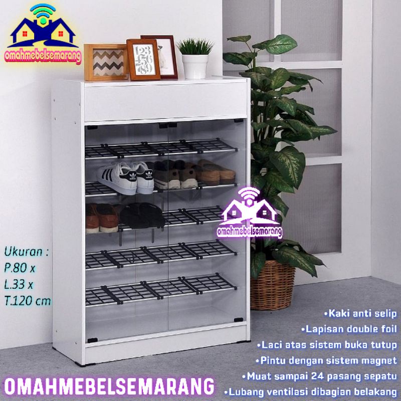 Lemari sepatu LS 007 rak tempat sepatu pintu kaca magnet minimalis putih