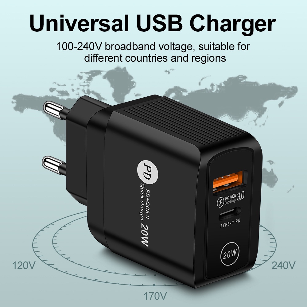 Adapter Power Charger Dual Port USB-A + Tipe-C 20W QC3.0 + PD Portable Untuk Iphone / Android