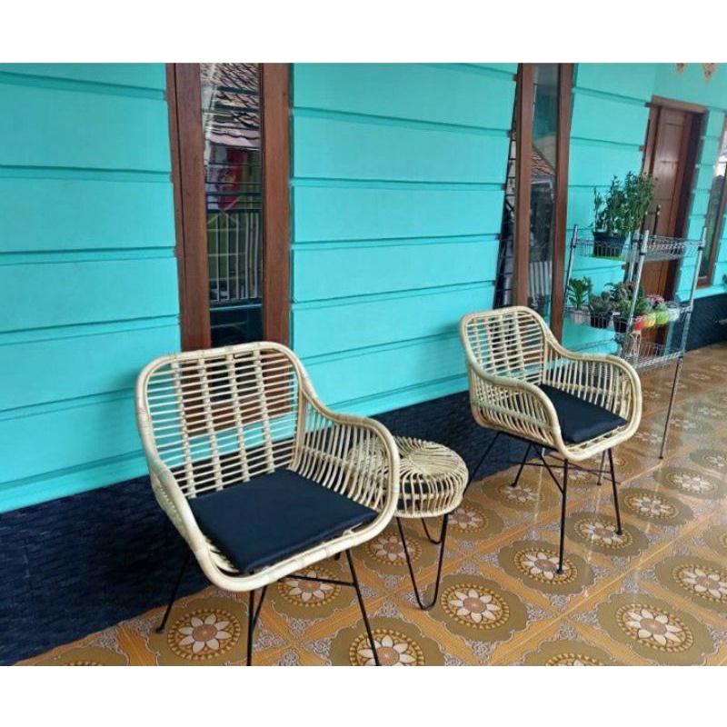 1 Set Kursi Teras Rotan Kursi Kafe Rotan Kaki Besi