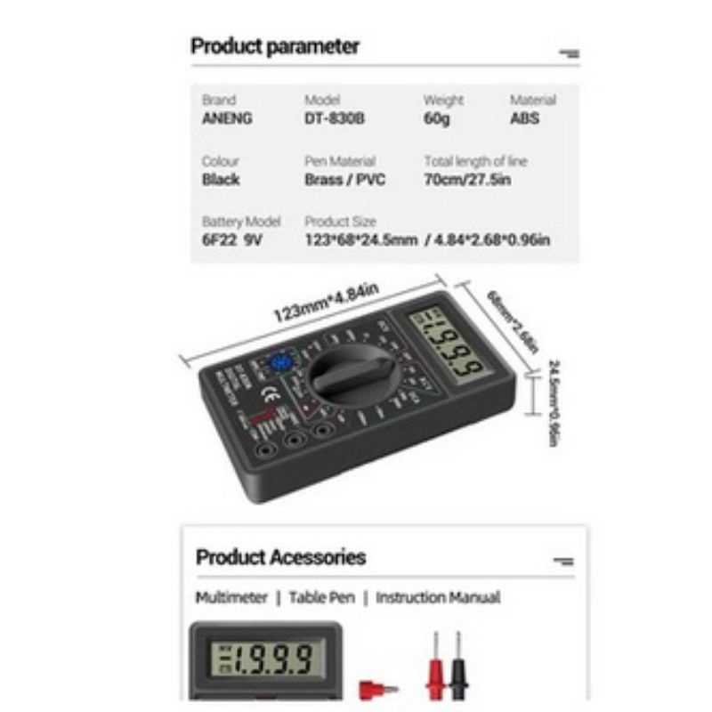 Multimeter Avometer Multitester Digital Thermometer Digital DT830B DT-830B Multi Tester