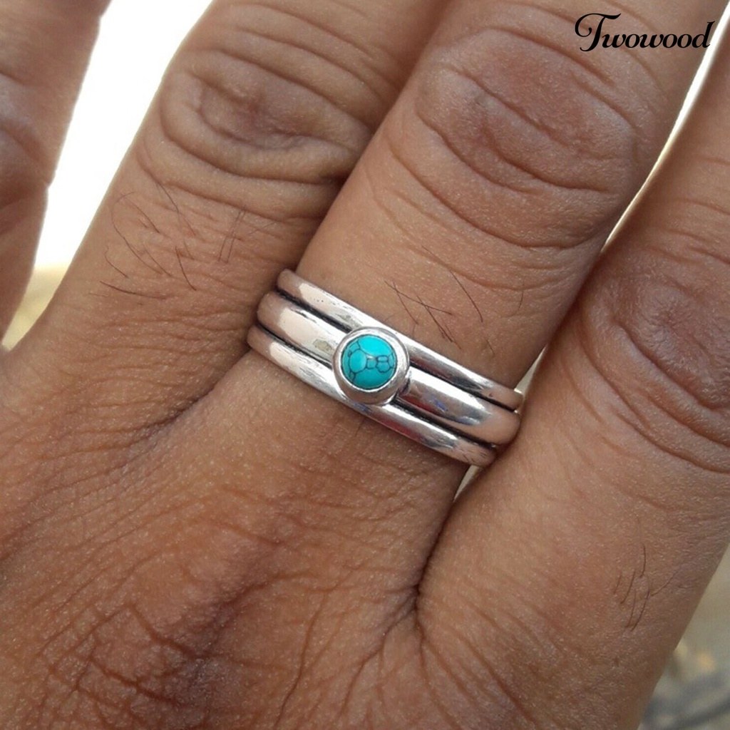 Cincin Turquoise Tiga Lapis Gaya Etnik Vintage Untuk Wanita