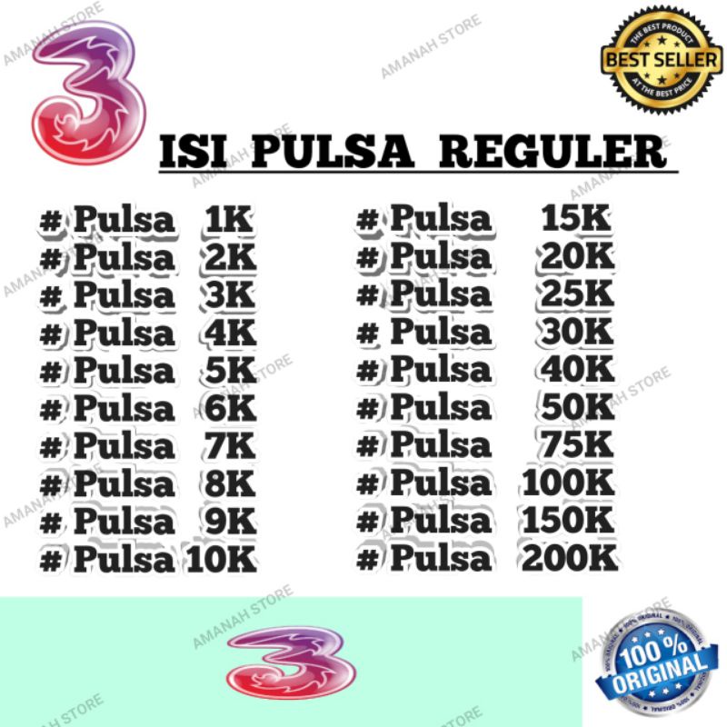 PULSA TRI / PULSA TRI REGULER / PULSA REGULER 100K SAMPAI 200K