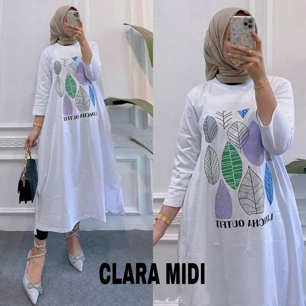 Long Tunik Jumbo Clara Midi Bahan Katun Combed 24s Aplikasi Sablon Size S M L XL XXL XXXL Gamis Kaos