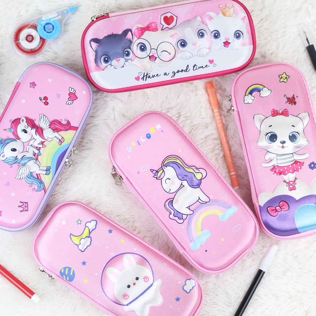 Pencil Case 3D Anak Cewek Karakter Lucu Pink Tempat Pensil Anak Perempuan TK SD Muat Banyak Bahan Tebal Import Terbaik