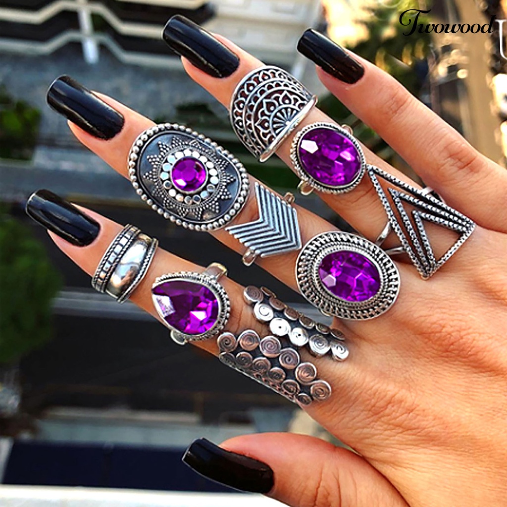 9 Pcs / set Cincin Knuckle Stackable Bahan Alloy Bentuk Water Drop Warna Ungu Gaya Bohemia