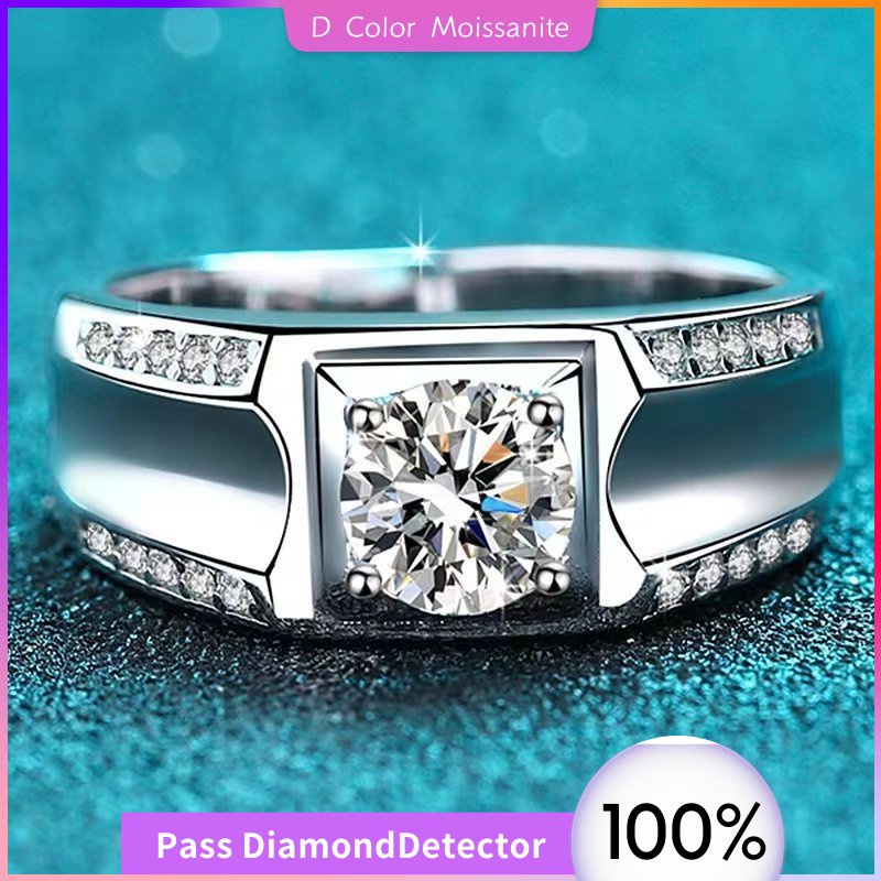 D Color Moissanite Moissanite diamond Silver Men Rings Cincin Pertunangan Pria 1 Ct Moissanite,925 P