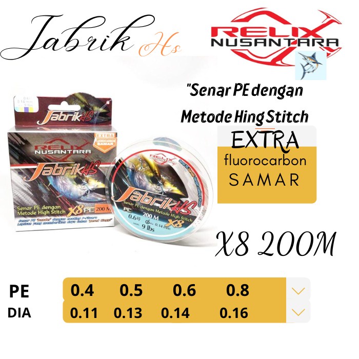 SENAR PE JABRIK HS  X8 200m RELIX NUSANTARA PE 0.4/0.5/06/0.8 MULTI COLOR DAN MOSS GREEN