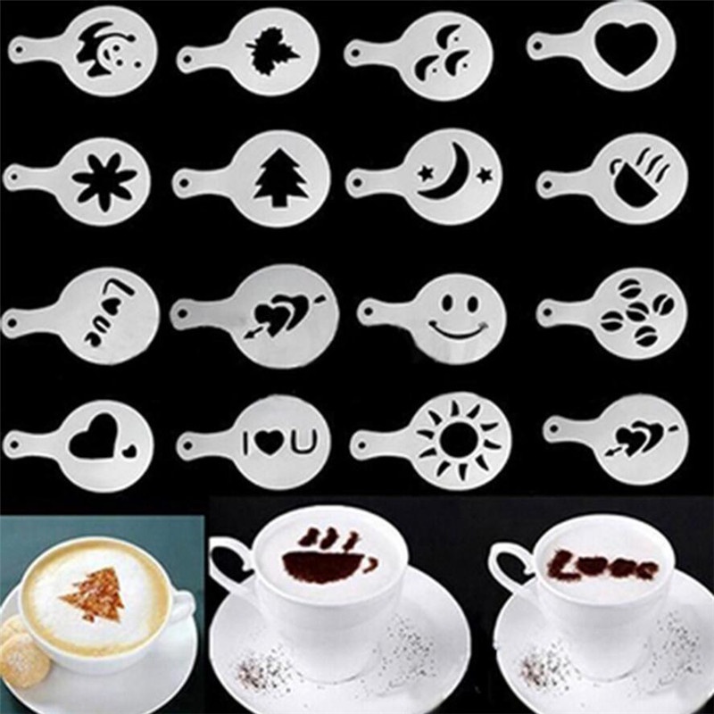 16pcs / set Cetakan Stensil Template Kopi Cappuccino Latte Untuk Dekorasi Kue