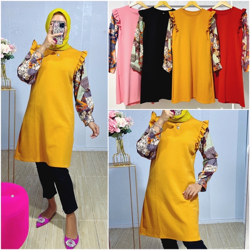 TATAOS BANGKOK SELENA TUNIK BASIC MIX BUNGA RUFFLE KNIT RAJUT STRECH IMPORT