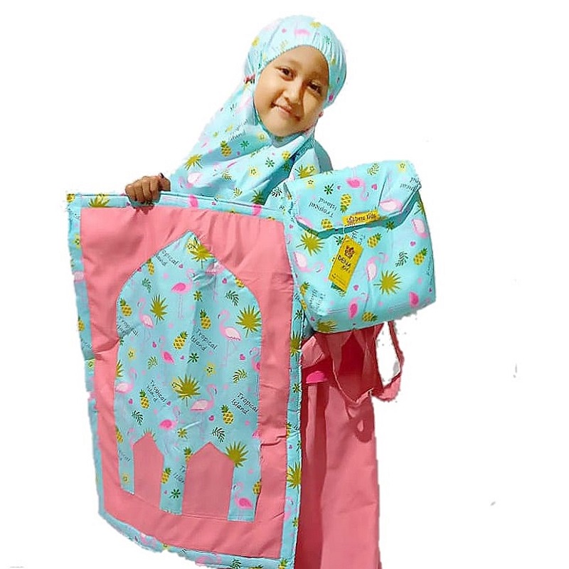 Mukena Anak Perempuan Tas Ransel dan Sajadah Motif Karakter Bahan Katun telekung anak set mukena