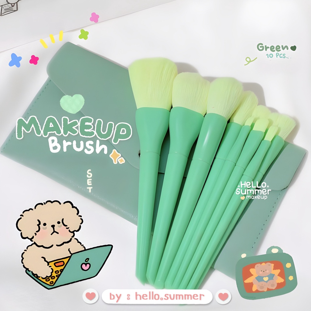 𝐁𝐑𝐔𝐒𝐇 𝐌𝐀𝐊𝐄𝐔𝐏 - Macaron Kuas Make Up Set Brush Set 10pcs &amp; Pouch PU Leather