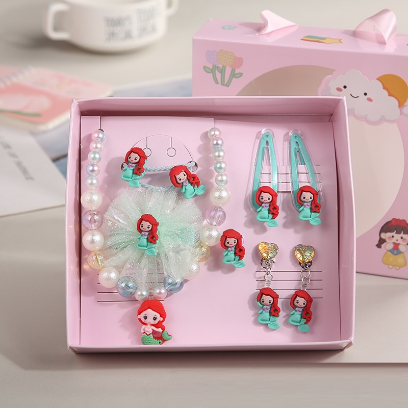 NEW Set Jepit anting kalung anak perempuan motif cartoon (dengan kotak)