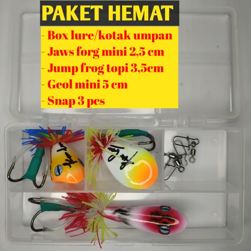 paket hemat lengkap, jaws frog mini 2,5cm,lure geol 5cm, jump frog topi 3,5 cm