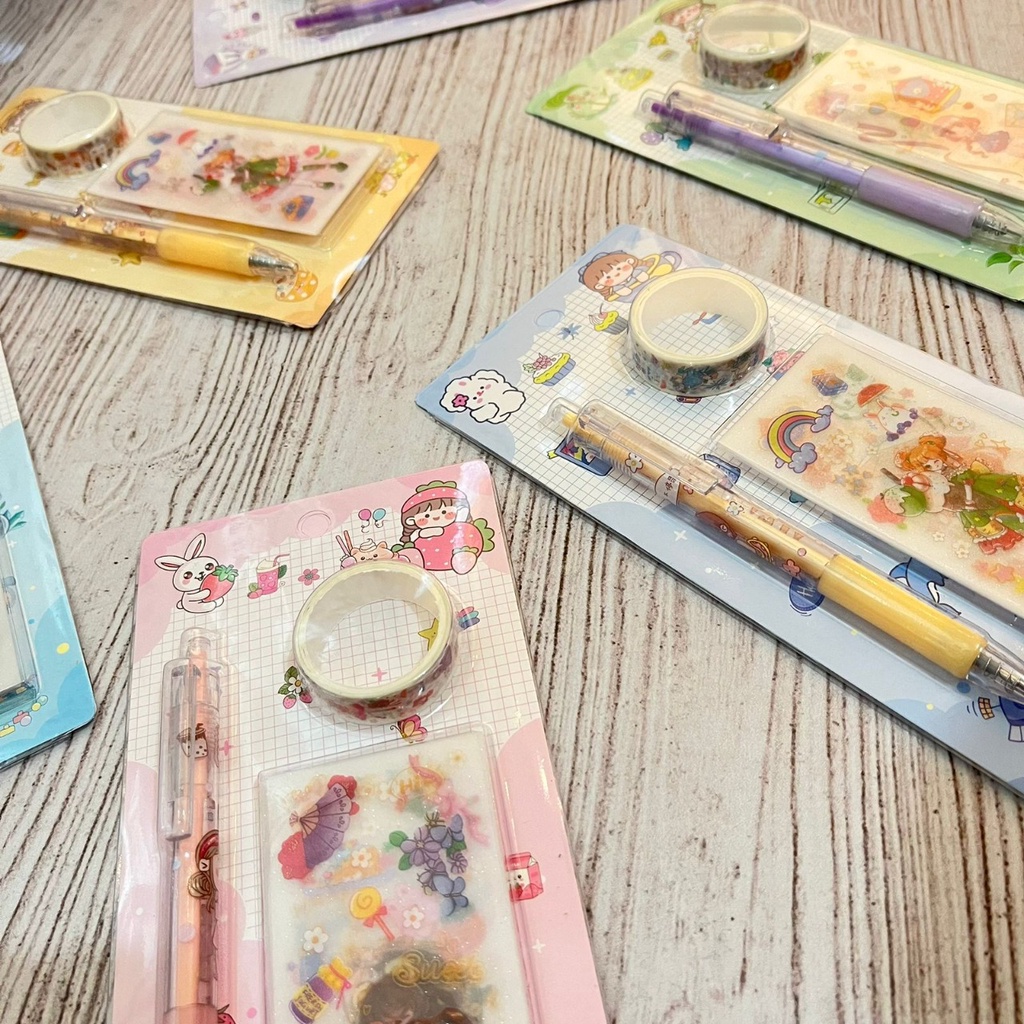 PAKET STICKER DAN WASHI TAPE CUTE LUCU 1 SET LENGKAP HARGA SUPER MURAH PAKET MINI ISI STIKER WASHITAPE &amp; PEMOTONGNYA PREMIUM TERBAIK BISA GROSIR DAN COD