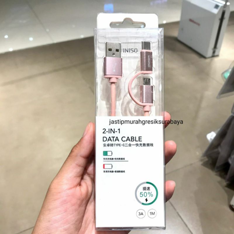 2IN1 DATA CABLE MINISO KABEL USB MIKRO TYPE C FAST CHARGING 3A 1M