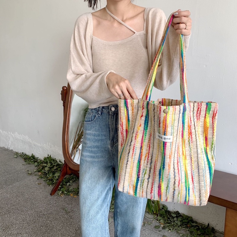 tas kain fashion korea tote bag wanita cantik lucu rainbow pelangi tas bahu besar totebag ala korean style perempuan kekinian viral murah premium berkualitas kuliah kerja sekolah ringan TAS10