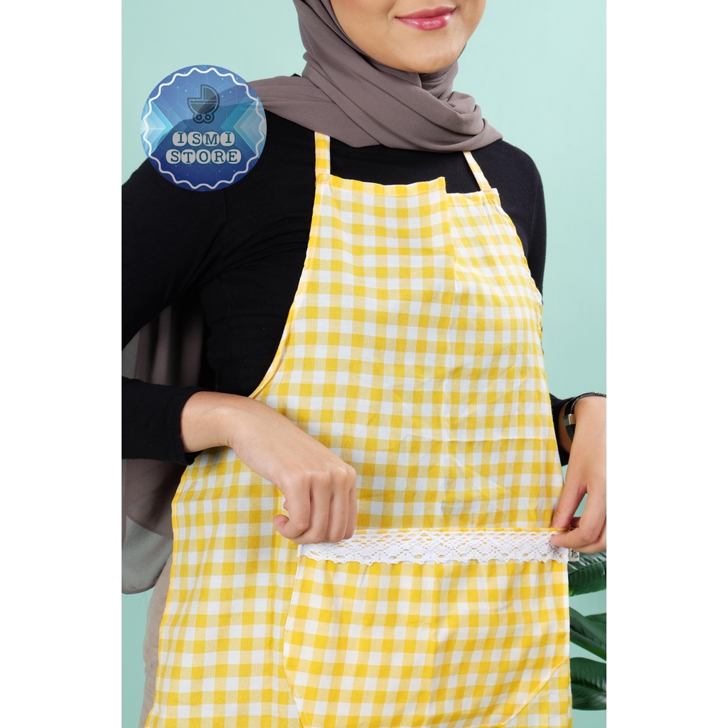 APRON / CELEMEK MASAK Motif Kotak-Kotak Gingham Ala Korea Kain Katun Ada Saku Depan Berhias Renda (A1)