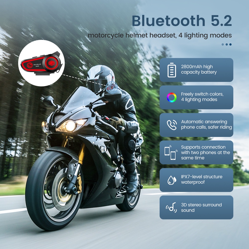 Gearelec intercom BT5.2 DK02 Helm Bluetooth Headset Hands Free Call Kit IPX7 Tahan Air 2800mAh
