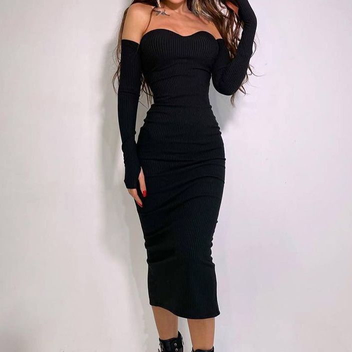 INSGOTH Eropa dan Amerika hot girl style one-shoulder knitted dress female awal musim gugur baru slim sexy hip skirt