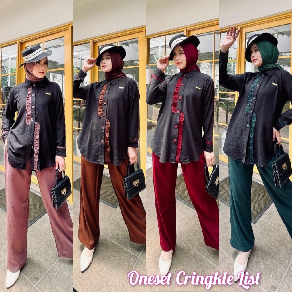 Setelan Oneset Cringkle Model Terbaru List Kancing Warna Hitam