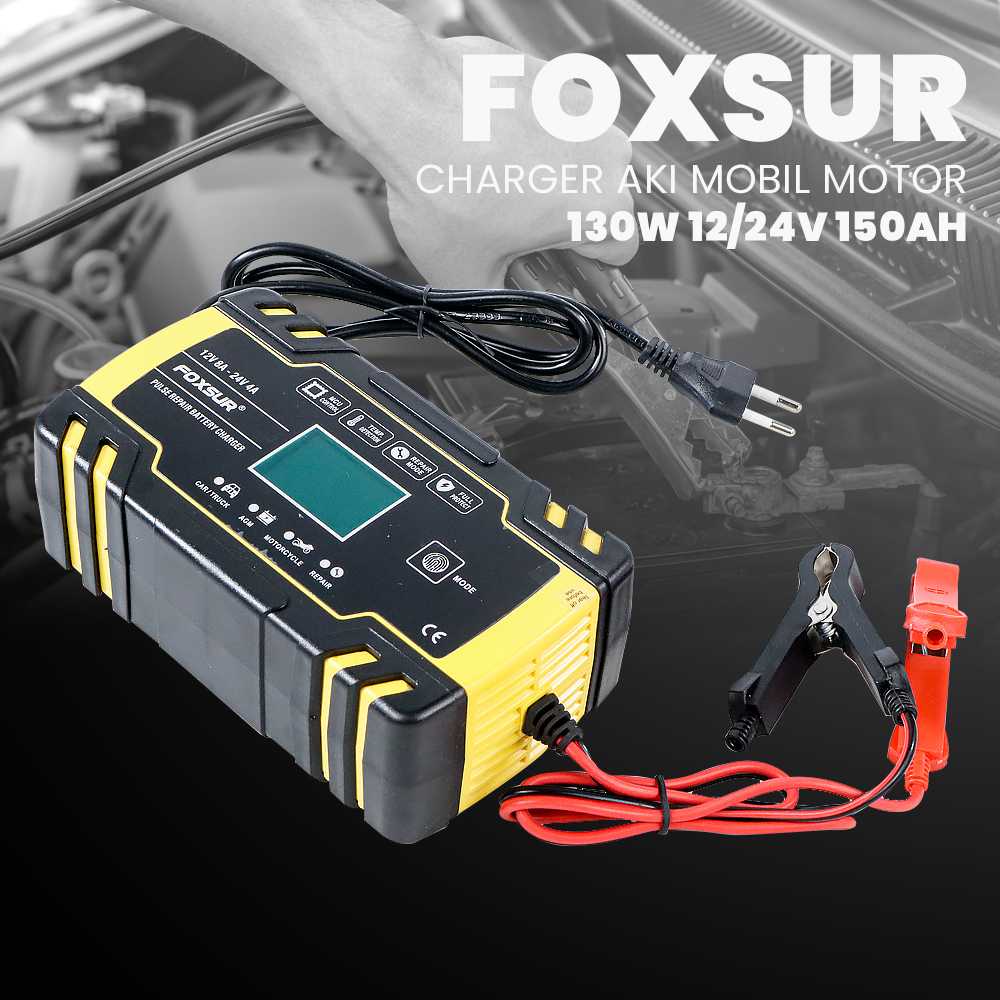 CASAN AKI ACCU MOTOR MOBIL LAYAR LED FOXSUR Charger Aki Mobil Motor 130W 12/24V 150Ah with LCD - FBC122408D Daya output: 12 V / 8 A, 24 V / 4 A