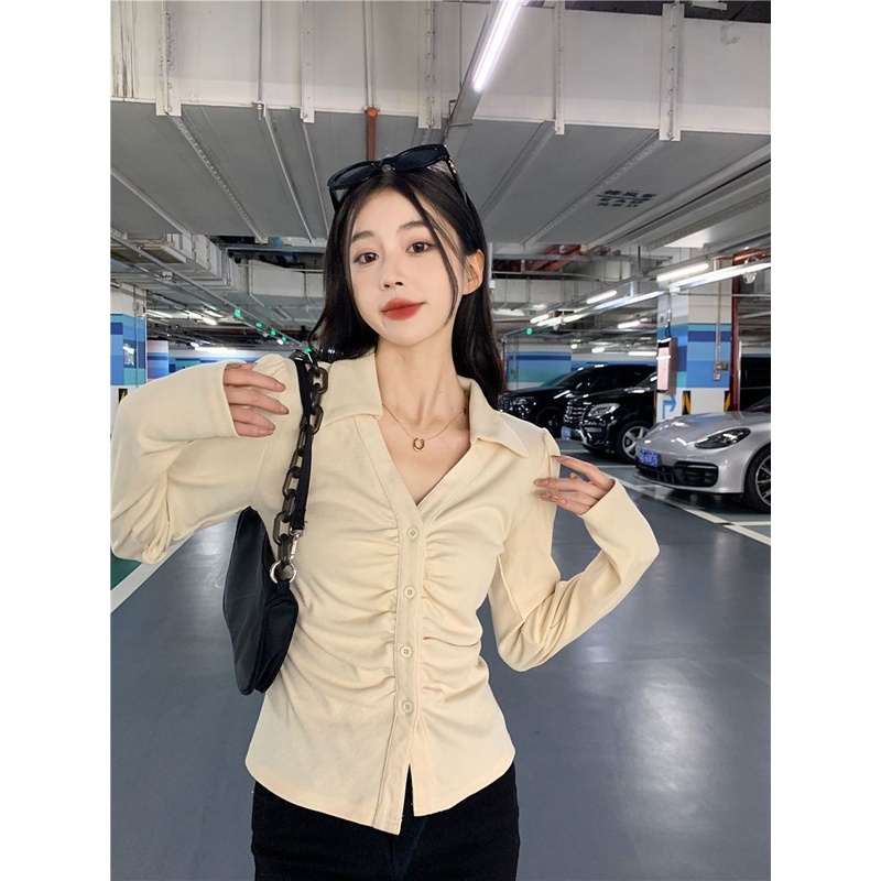 Red Ukuran Besar Gemuk Mm Bahu Depan Polo Shirt Wanita Musim Gugur Murni Keinginan Desain Kemeja Lengan Panjang Lipit Pinggang Atas Tipis