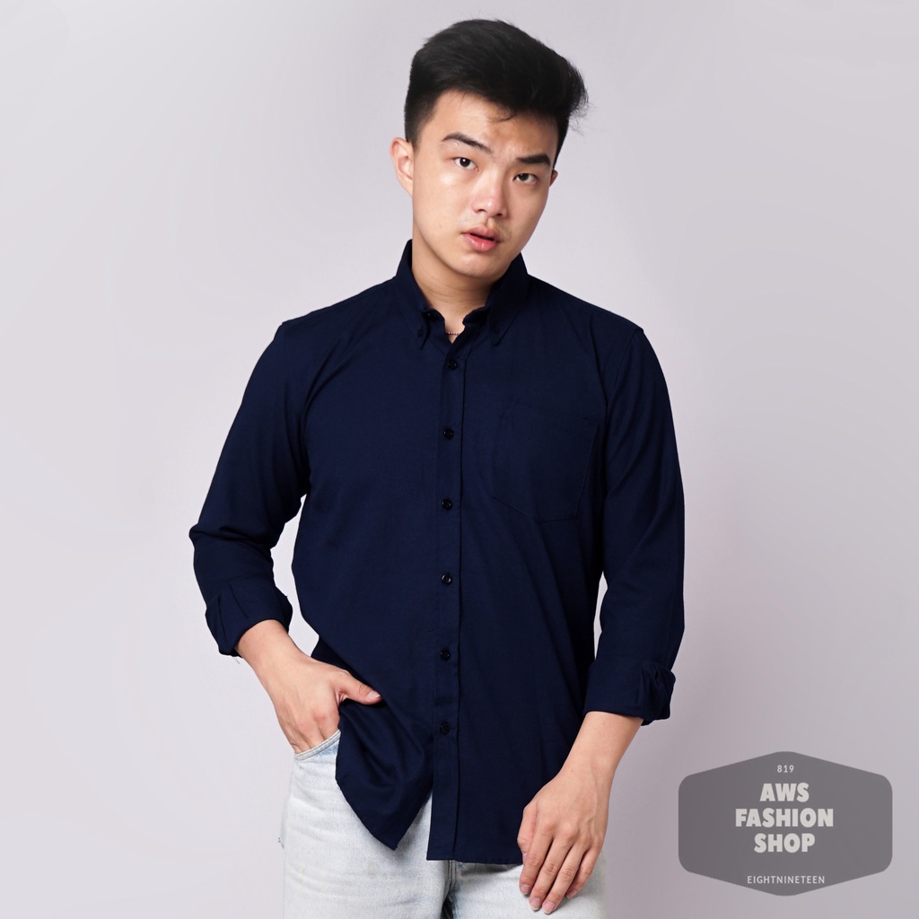 819 Kemeja Pria Lengan Panjang Polos Biru Navy Blue Oxford Basic SIMPLE Slimfit Casual Tersedia Ready Sampai Size JUMBO BIG SIZE XXL XXXL