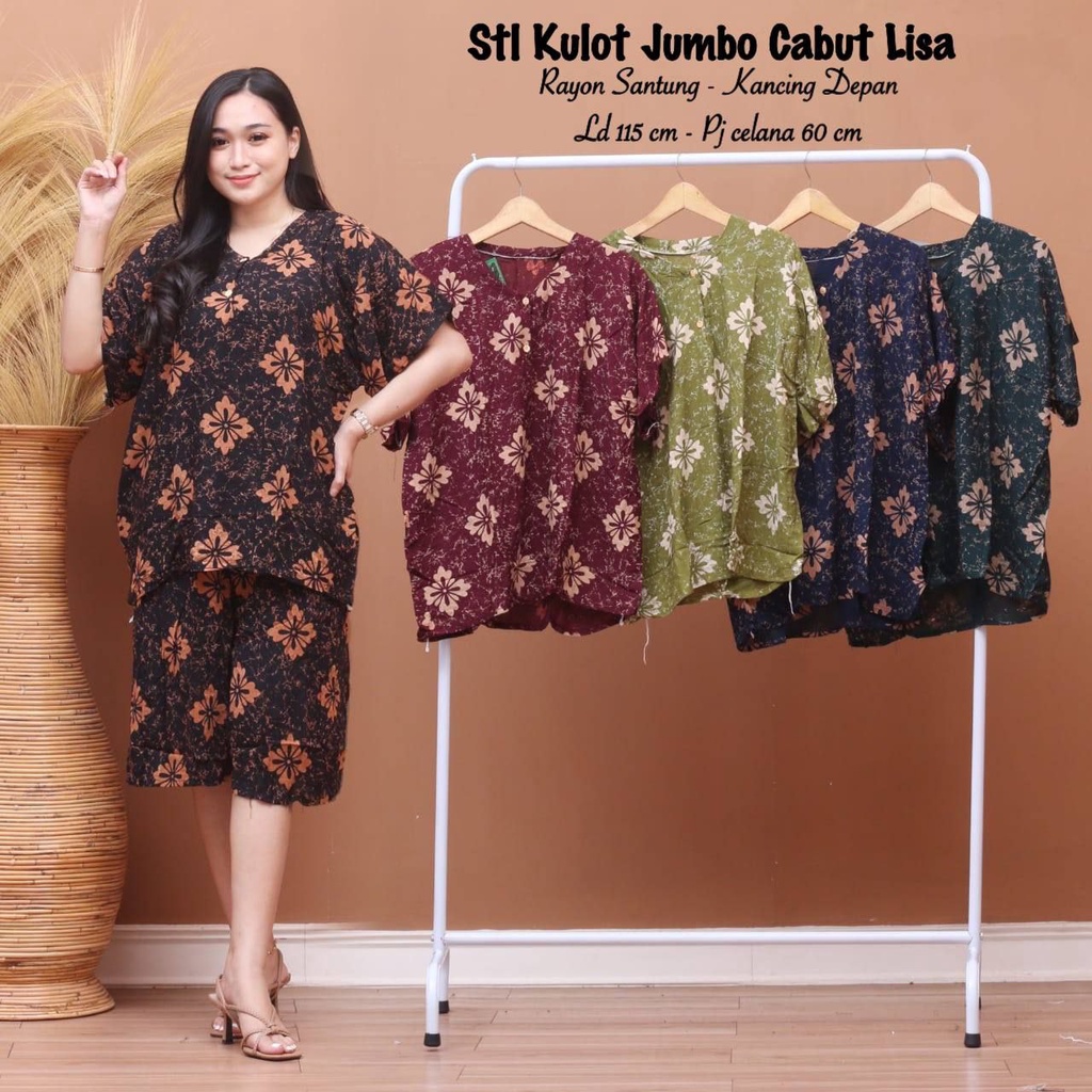 Setelan Kulot Jumbo Ld 115 Bahan Rayon Kancing Depan Busui Bumil Baju Tidur Santai Lengan Pendek