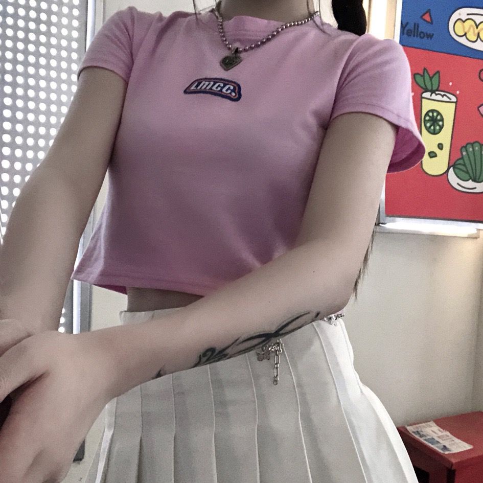 [littlecrab] Crop Top LMCC Swag Simple Polos Elegan Hitam Pink Biru Atasan Kaos Crop Polos Bordir Premium Berkualitas High Neck Swaggy Street Korean Style