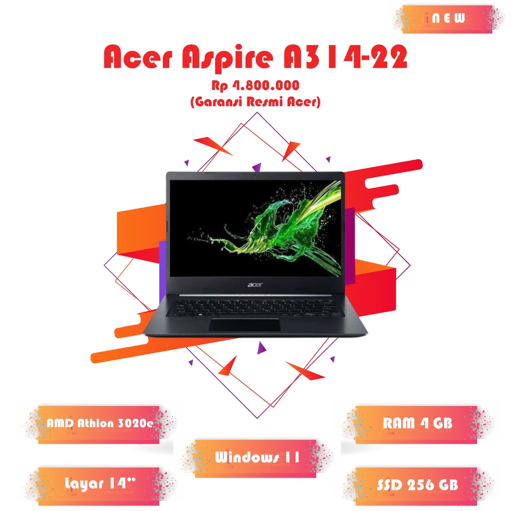 Laptop Acer Aspire A314 RAM 4GB SSD 256GB Windows 11 + OHS 4 jutaan Baru