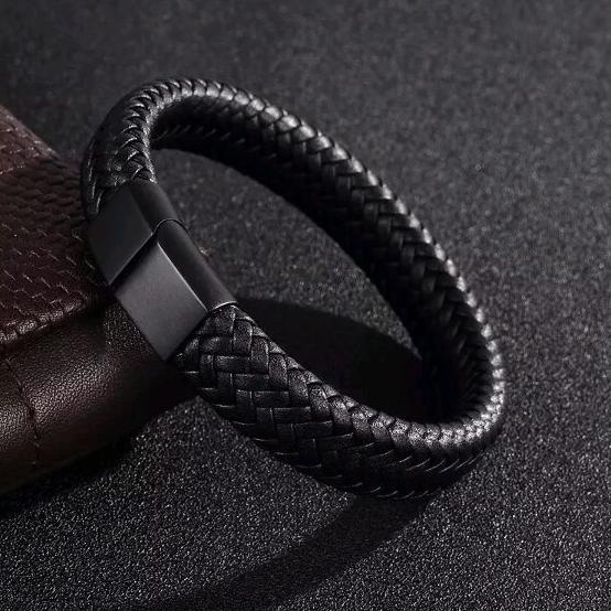 GELANG KULIT TITANIUM HITAM PRIA COWOK SUPER KEREN