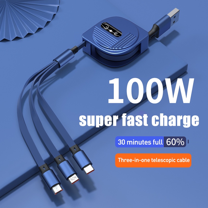 3 in 1 Kabel Charger USB Tipe C 6A 100W Retractable Portable Untuk iPhone